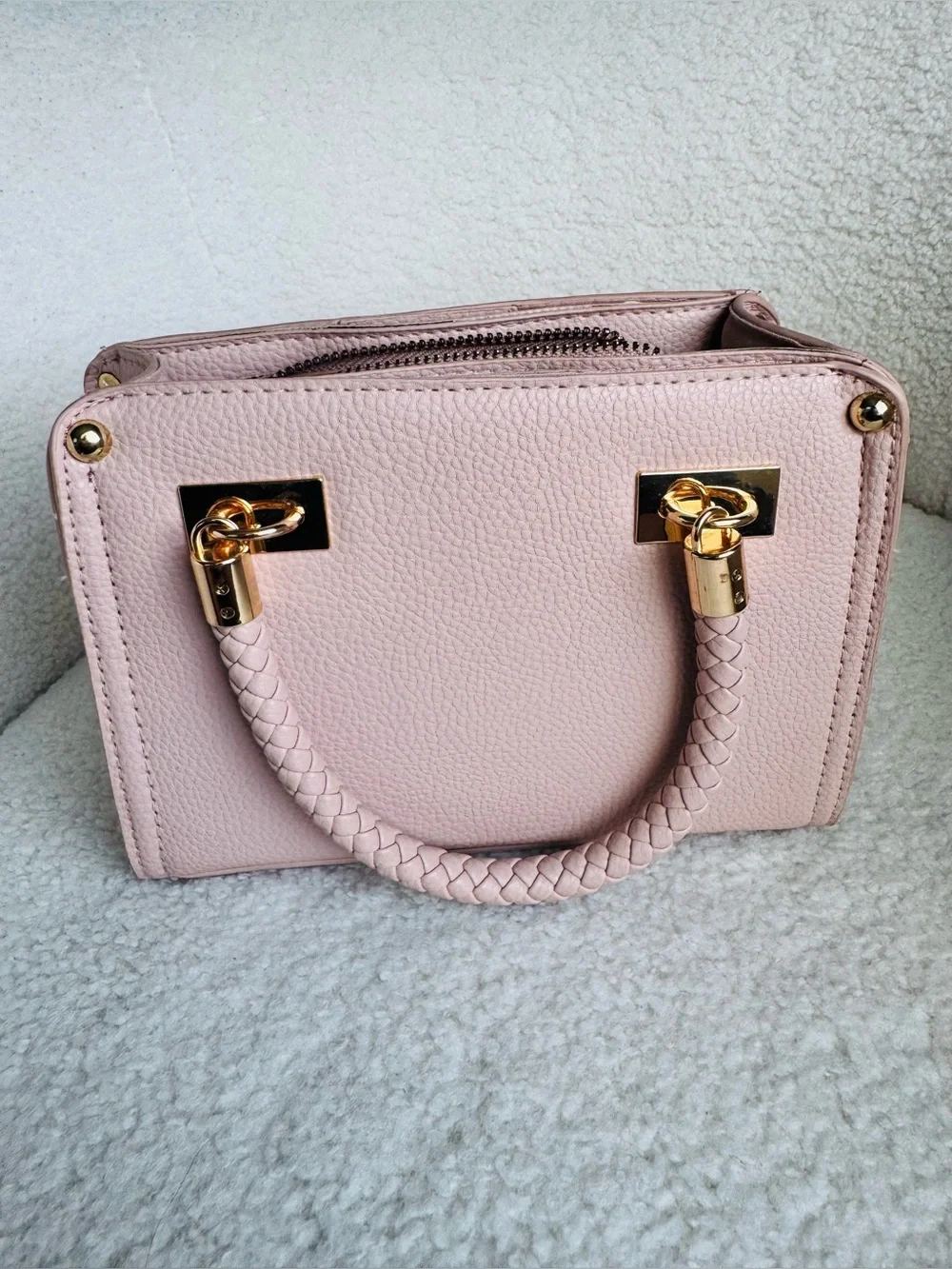 bebe Blush Pink Embossed Top-Handle Satchel with Gold Hardware